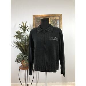 Richard Sport Women LG Cardigan Sweater Long Sleeve Full Zip Gray Knit Y2K Boho